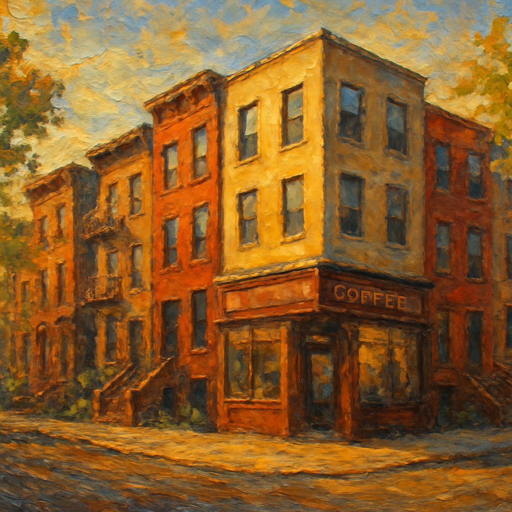 Impressionist oil painting of newly built small infill apartment buildings on a tree-lined Bedford-Stuyvesant street