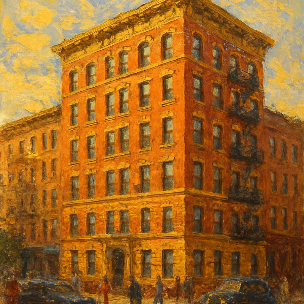 Impressionist oil painting of a restored pre-war multifamily brick apartment building in Washington Heights, Manhattan
