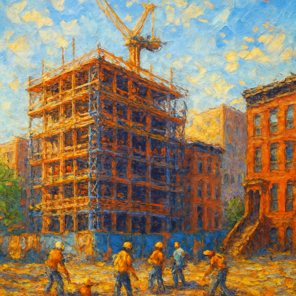 Impressionist oil painting of an affordable housing construction site in Harlem with scaffolding and a crane