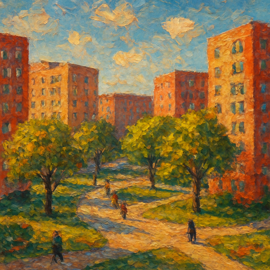 Impressionist oil painting of the Parkchester planned community in the Bronx with rows of brick apartment buildings around landscaped courtyards