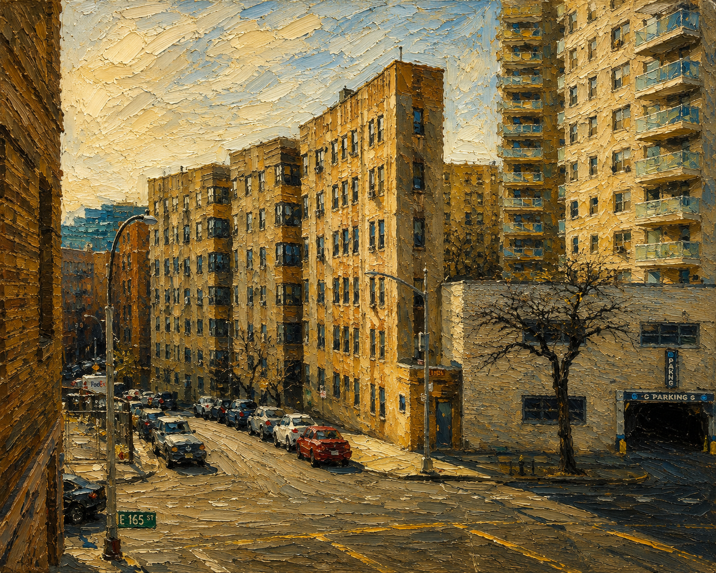 Painterly Bronx street scene at E 165 St with tan brick apartment buildings and parked cars in late afternoon light